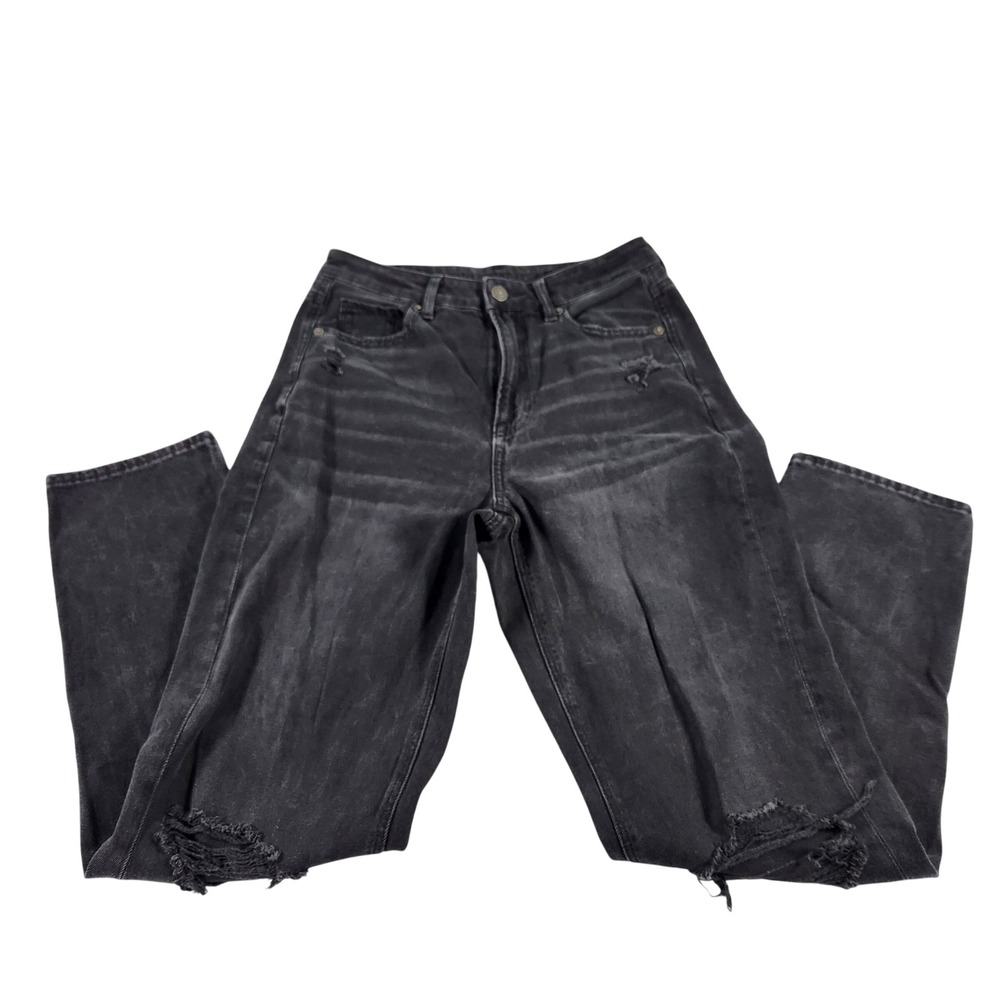 American Eagle Mom Straight Jeans 4 Long Washed Black Distressed High Rise 27x29